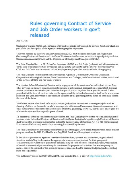 difference of casual and job order|Rules in Governing Contract of Service and Job Order Workers in .